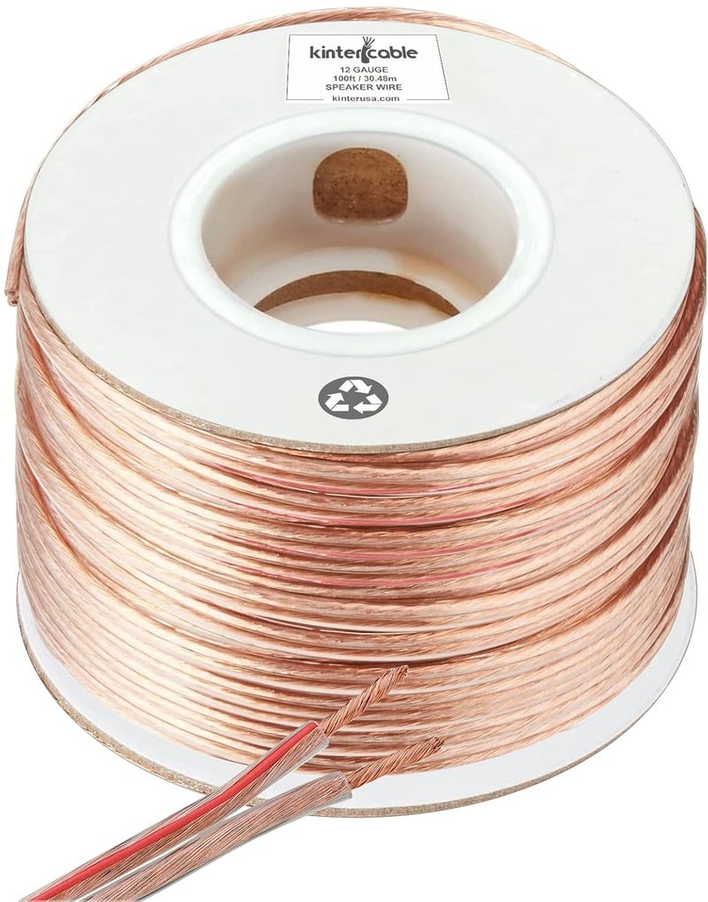 Cable 100ft 12-Gauge Audio Stereo Speaker Wire 30.48 Meters 2 Conductor Polarity Marked Clear PVC, CCA, Spool in Box, for Home Theater, HiFi, Surround, Car Audio, 105 High Strand Count (.2 OD)